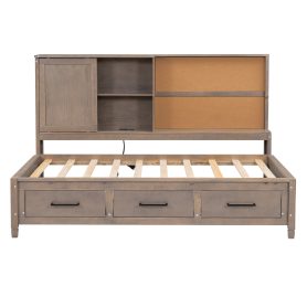 Twin Size Lounge Daybed with Storage Shelves, Cork Board, USB Ports and 3 Drawers