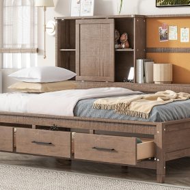 Twin Size Lounge Daybed with Storage Shelves, Cork Board, USB Ports and 3 Drawers