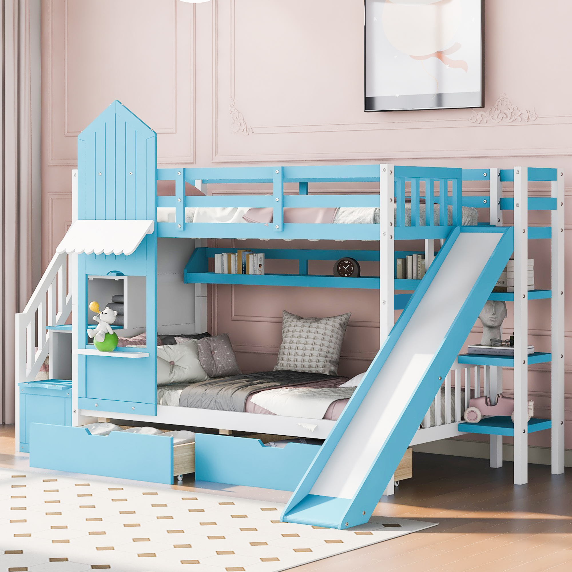 Castle Style Twin over Twin Bunk Bed With 2 Drawers 3 Shelves And Slide