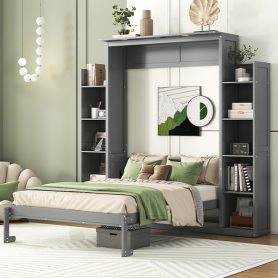 Full Size Murphy Bed Wall Bed with Shelves and LED Lights