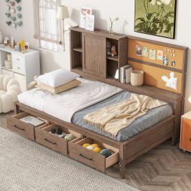 Twin Size Lounge Daybed with Storage Shelves, Cork Board, USB Ports and 3 Drawers