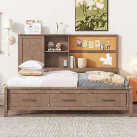 Twin Size Lounge Daybed with Storage Shelves, Cork Board, USB Ports and 3 Drawers