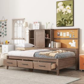 Twin Size Lounge Daybed with Storage Shelves, Cork Board, USB Ports and 3 Drawers