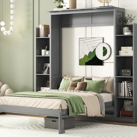 Full Size Murphy Bed Wall Bed with Shelves and LED Lights