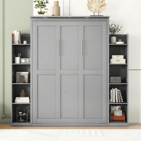 Full Size Murphy Bed Wall Bed with Shelves and LED Lights