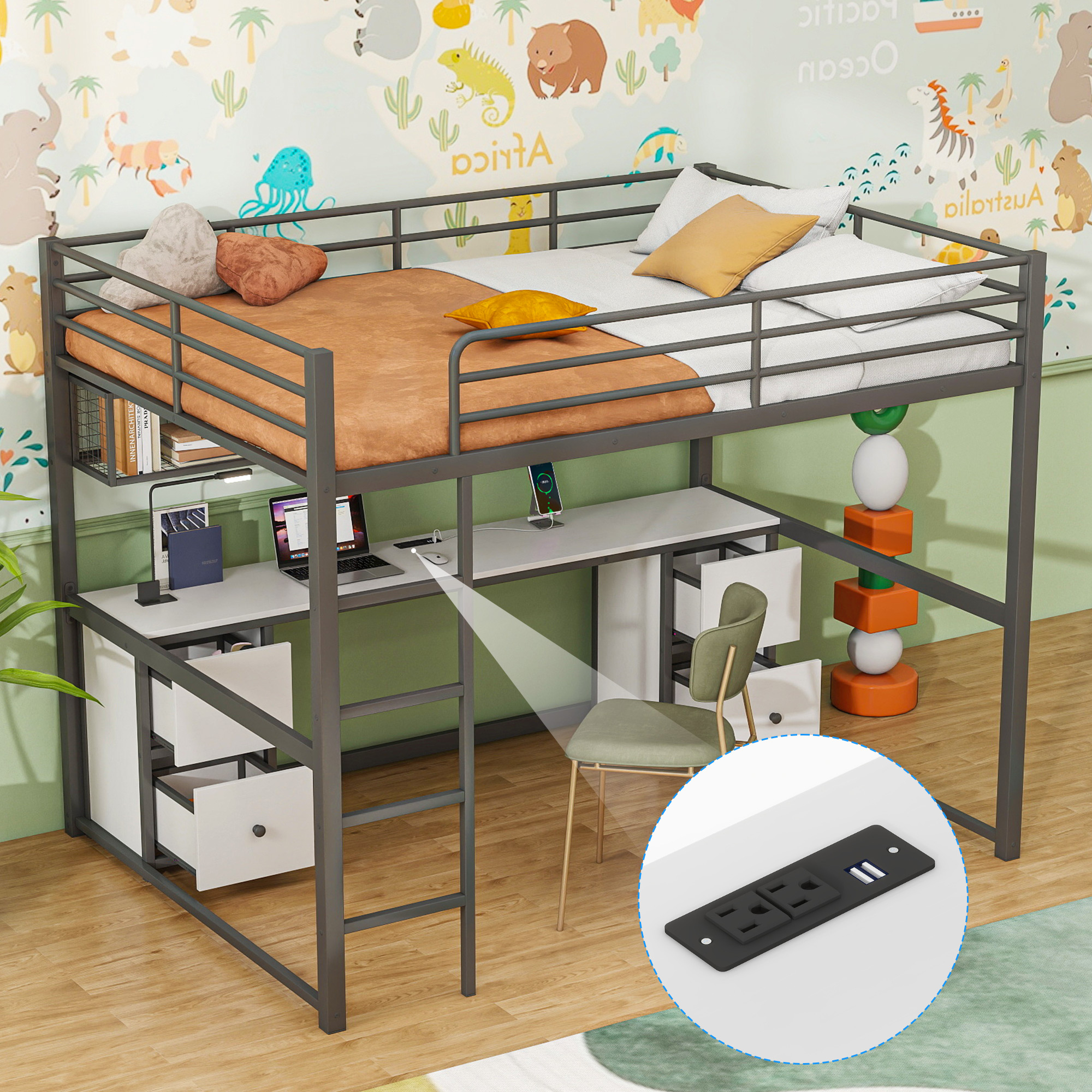 Full Size Metal Loft Bed With Desk, Cabinets, Drawers And Bedside Tray, Charging Station, USB And Socket