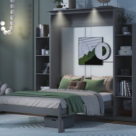 Full Size Murphy Bed Wall Bed with Shelves and LED Lights