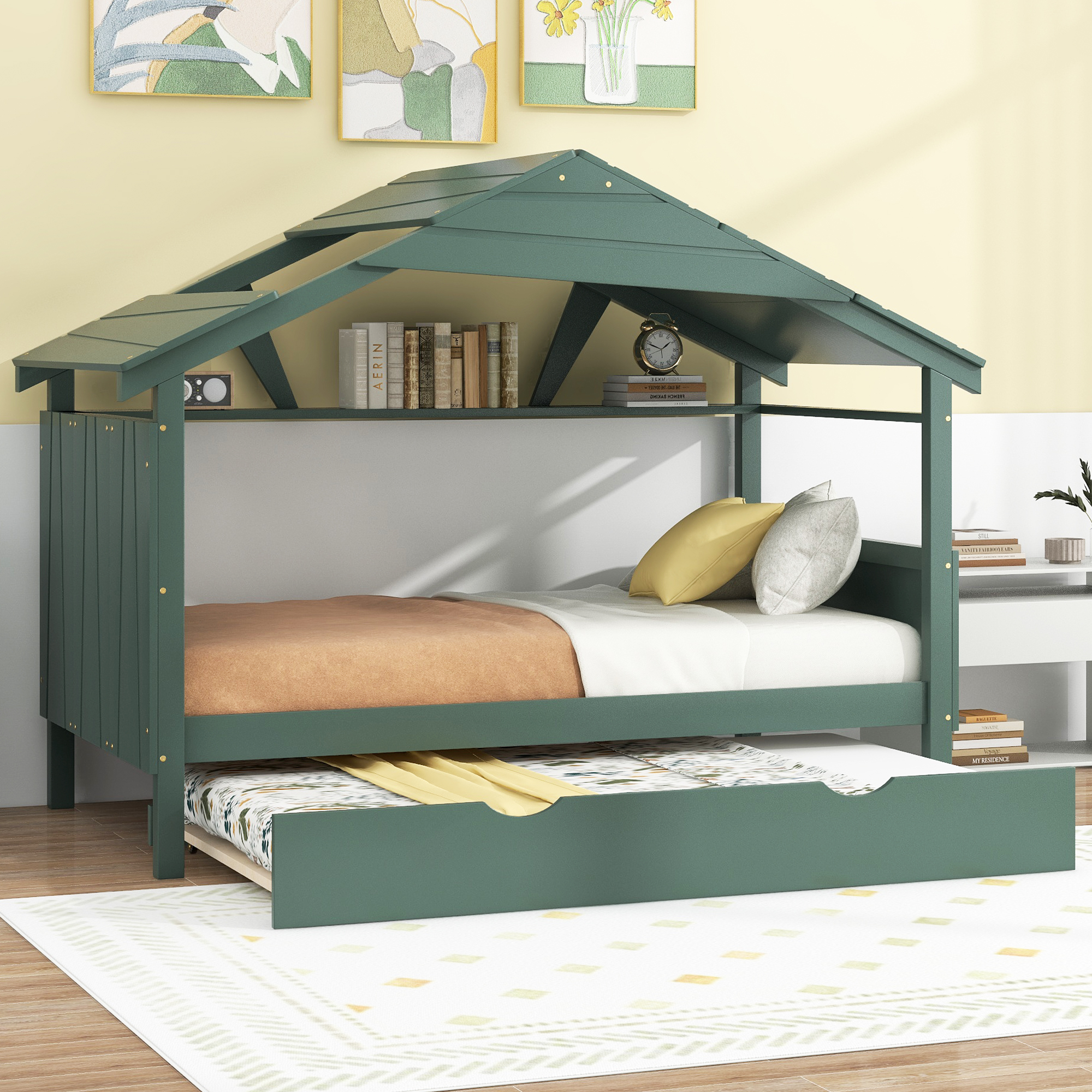 Wood Twin Size House Bed with Trundle and Storage