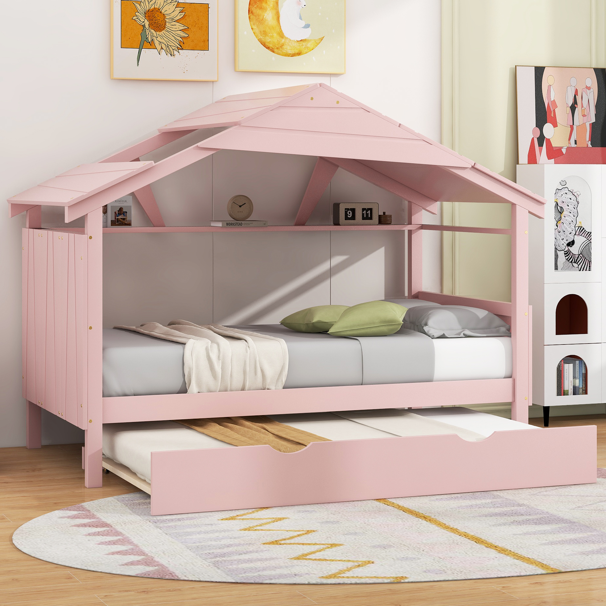 Wood Twin Size House Bed with Trundle and Storage