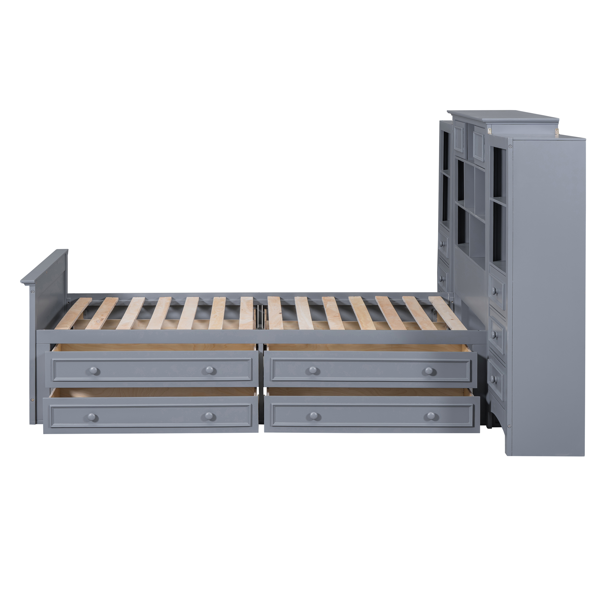 Twin Size Wood Platform Bed With Vertical All-in-one Cabinet And 4 Drawers On Each Side 12 Twin Size Wood Platform Bed With Vertical All-in-one Cabinet And 4 Drawers On Each Side