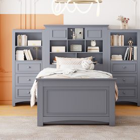 Twin Size Wood Platform Bed With Vertical All-in-one Cabinet And 4 Drawers On Each Side 35 Twin Size Wood Platform Bed With Vertical All-in-one Cabinet And 4 Drawers On Each Side