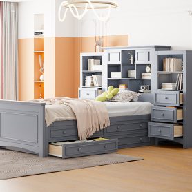Twin Size Wood Platform Bed With Vertical All-in-one Cabinet And 4 Drawers On Each Side 34 Twin Size Wood Platform Bed With Vertical All-in-one Cabinet And 4 Drawers On Each Side