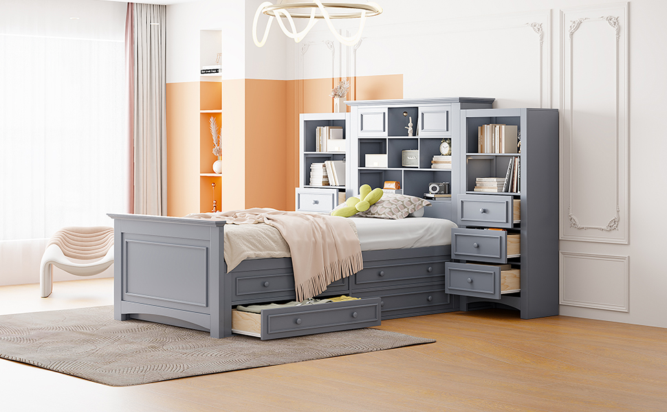 Twin Size Wood Platform Bed With Vertical All-in-one Cabinet And 4 Drawers On Each Side 17 Twin Size Wood Platform Bed With Vertical All-in-one Cabinet And 4 Drawers On Each Side