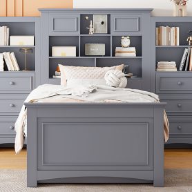 Twin Size Wood Platform Bed With Vertical All-in-one Cabinet And 4 Drawers On Each Side 37 Twin Size Wood Platform Bed With Vertical All-in-one Cabinet And 4 Drawers On Each Side