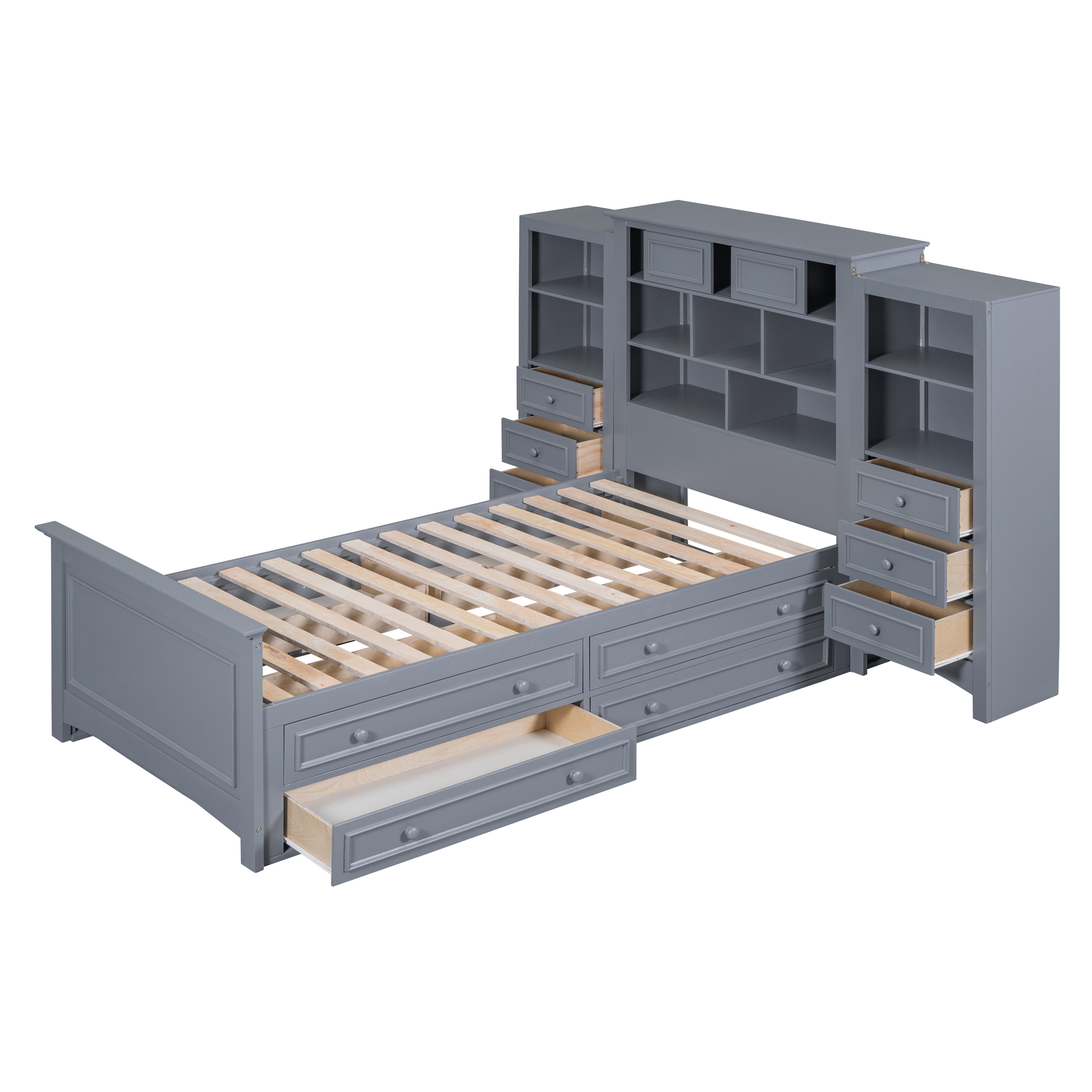 Twin Size Wood Platform Bed With Vertical All-in-one Cabinet And 4 Drawers On Each Side 8 Twin Size Wood Platform Bed With Vertical All-in-one Cabinet And 4 Drawers On Each Side