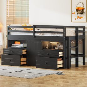 Twin Size Loft Bed With 4 Drawers, Underneath Cabinet And Shelves