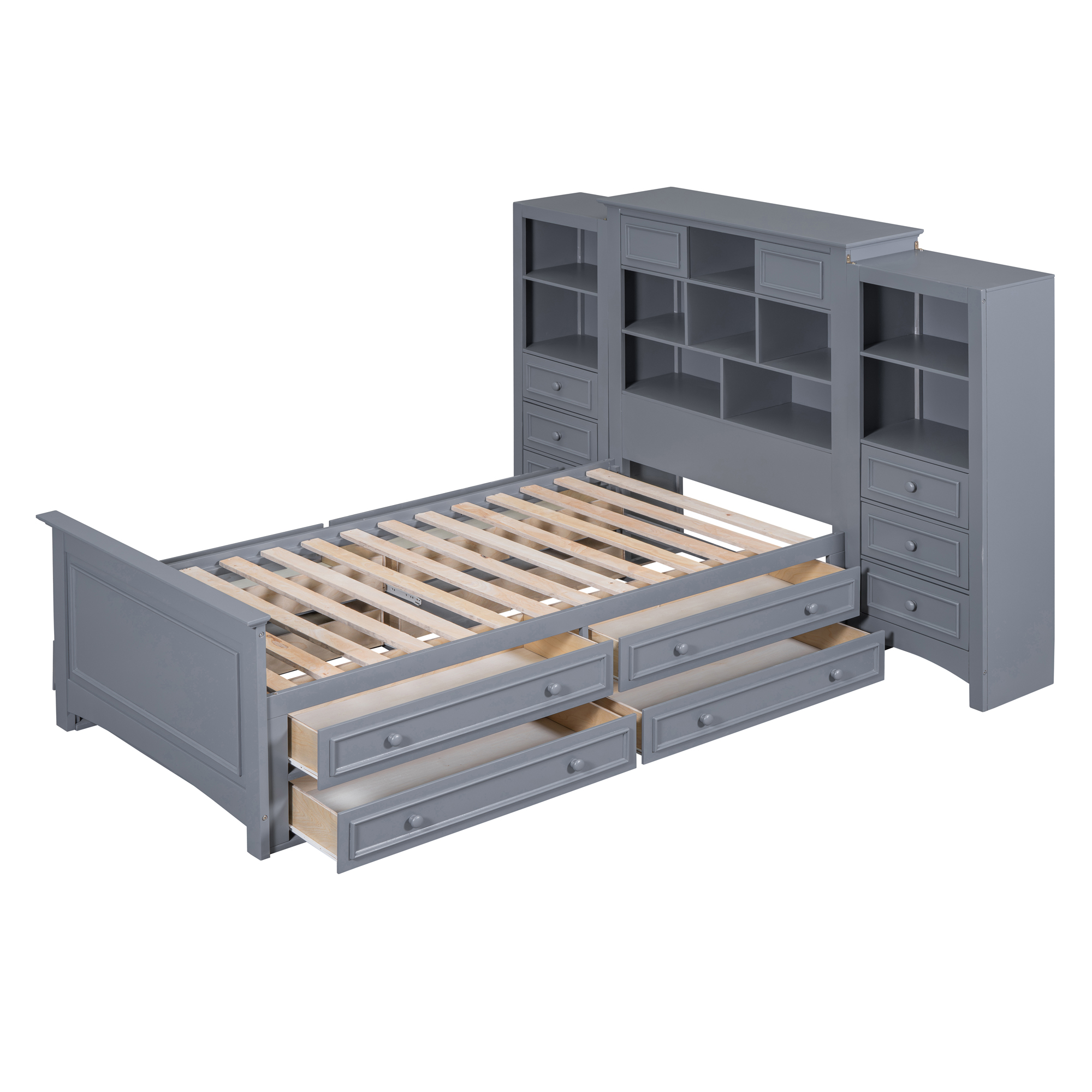 Twin Size Wood Platform Bed With Vertical All-in-one Cabinet And 4 Drawers On Each Side 10 Twin Size Wood Platform Bed With Vertical All-in-one Cabinet And 4 Drawers On Each Side