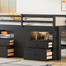 Twin Size Loft Bed With 4 Drawers, Underneath Cabinet And Shelves
