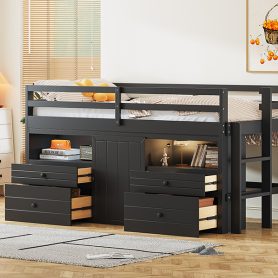 Twin Size Loft Bed With 4 Drawers, Underneath Cabinet And Shelves