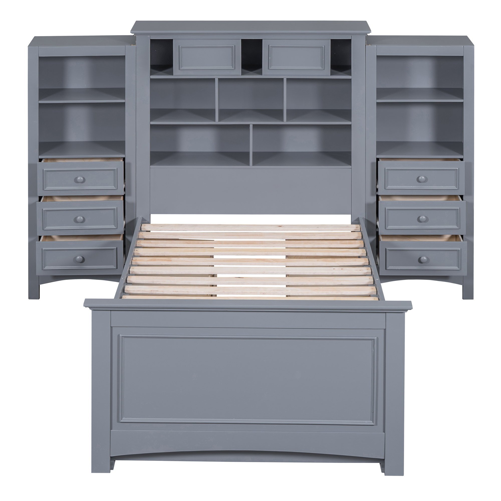 Twin Size Wood Platform Bed With Vertical All-in-one Cabinet And 4 Drawers On Each Side 6 Twin Size Wood Platform Bed With Vertical All-in-one Cabinet And 4 Drawers On Each Side