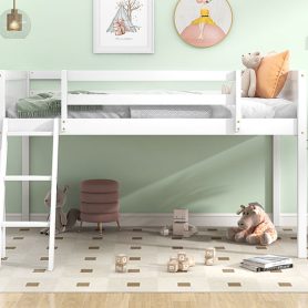 Twin Size Wood Low Loft Bed With Ladder, Ladder Can Be Placed On The Left Or Right
