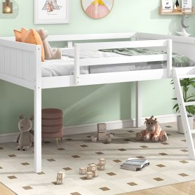 Twin Size Wood Low Loft Bed With Ladder, Ladder Can Be Placed On The Left Or Right