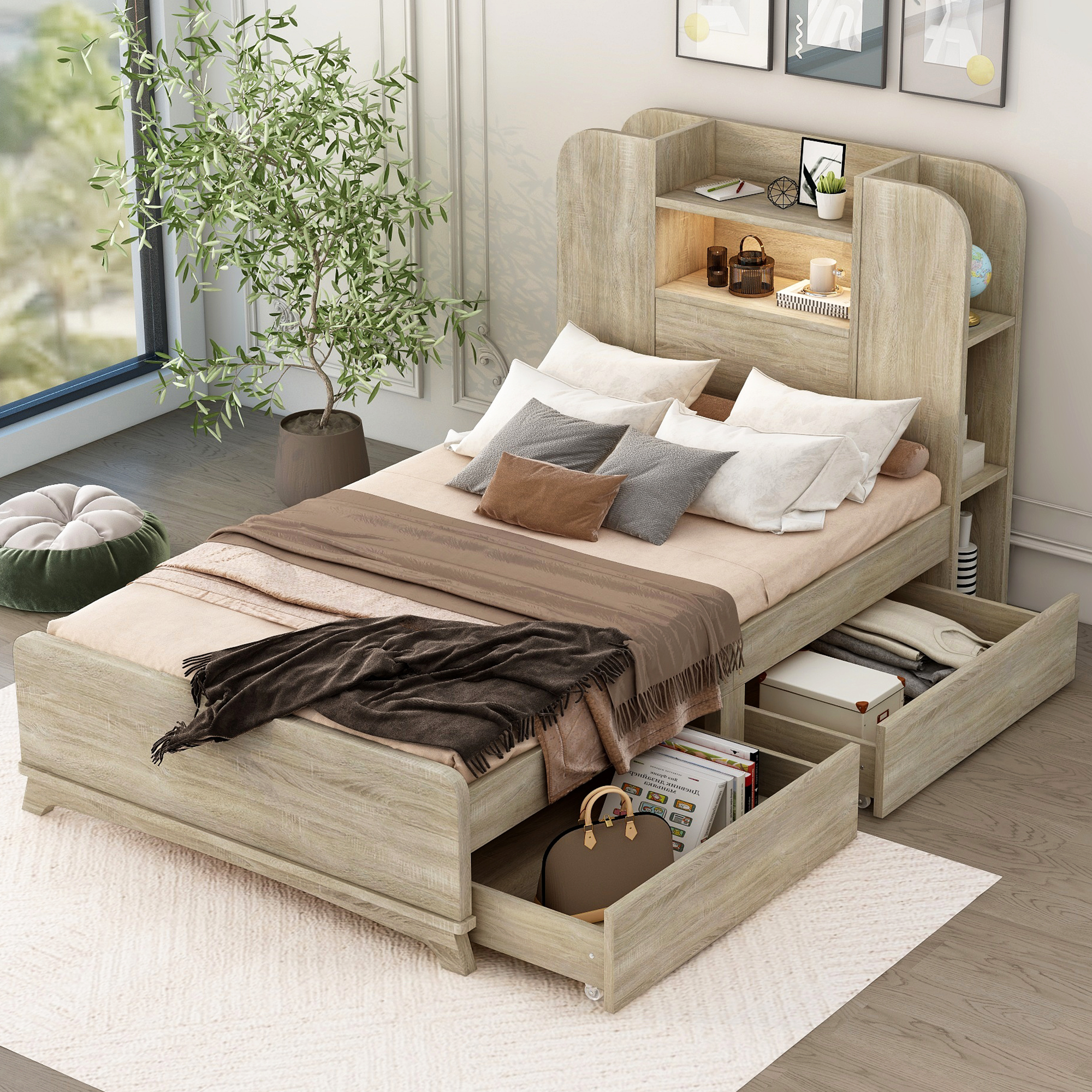 Twin Size Storage Platform Bed Frame with with Two Drawers and Light Strip Design in Headboard