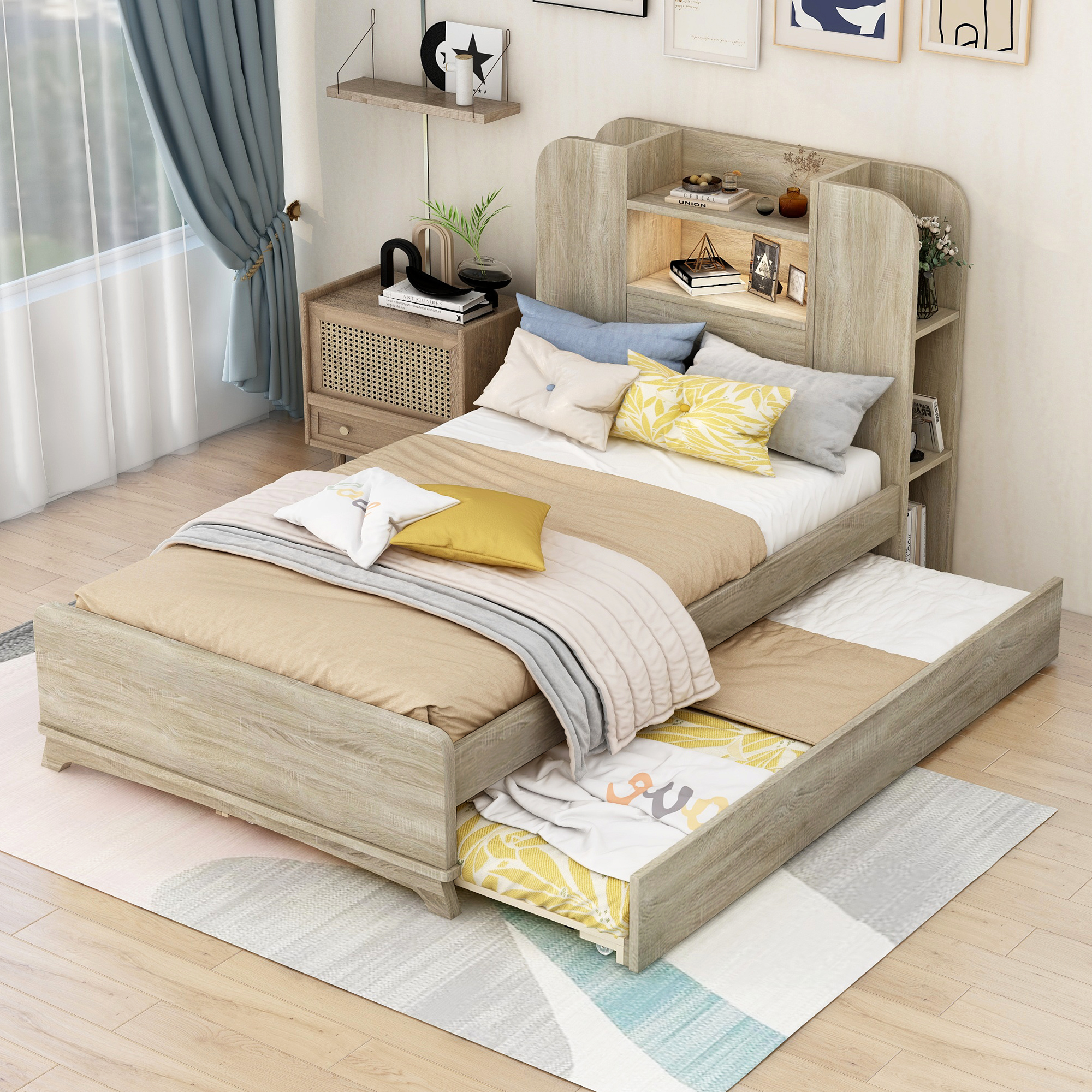 Twin Size Storage Platform Bed Frame with with Trundle and Light Strip Design in Headboard