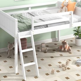 Twin Size Wood Low Loft Bed With Ladder, Ladder Can Be Placed On The Left Or Right
