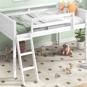 Twin Size Wood Low Loft Bed With Ladder, Ladder Can Be Placed On The Left Or Right
