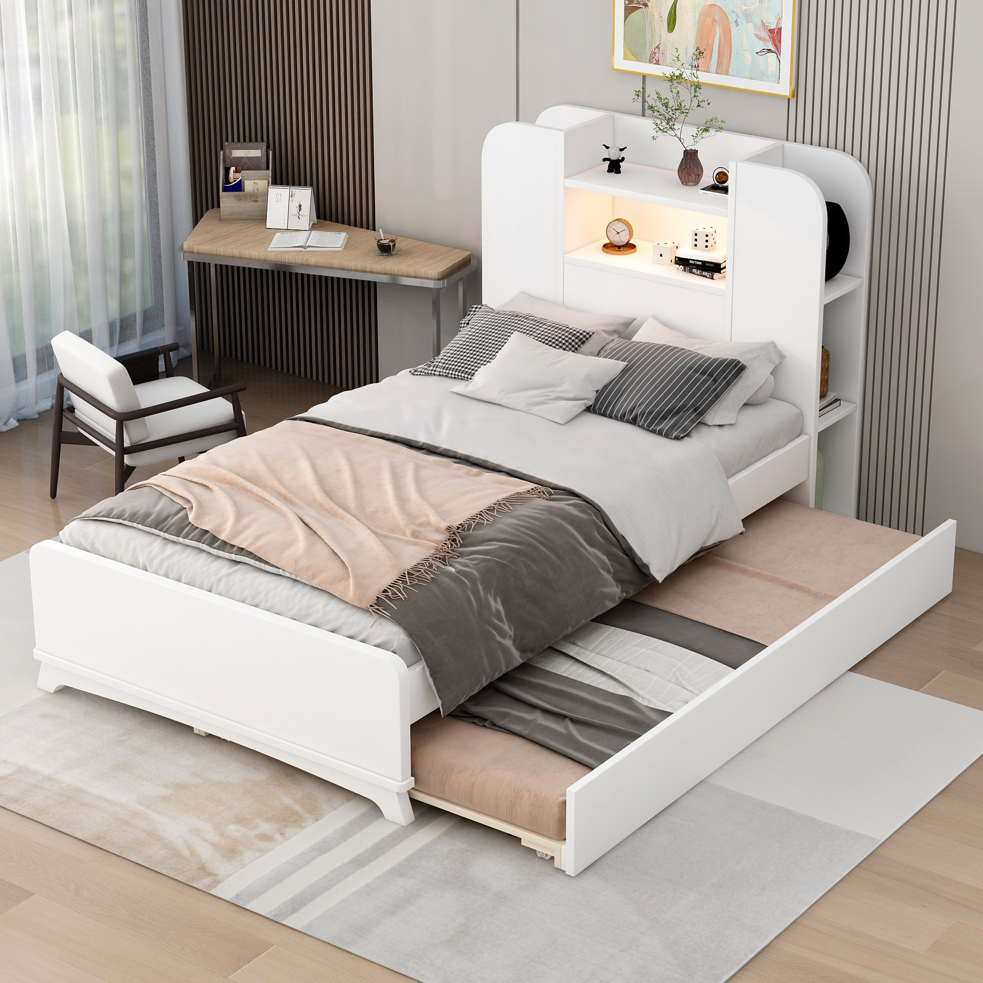 Twin Size Storage Platform Bed Frame with with Trundle and Light Strip Design in Headboard