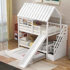 Twin over Twin House Bunk Bed with Trundle and Slide, Storage Staircase, Roof and Window Design