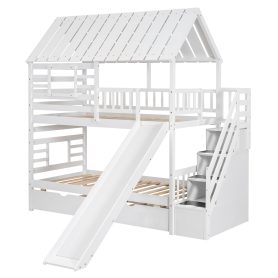Twin over Twin House Bunk Bed with Trundle and Slide, Storage Staircase, Roof and Window Design