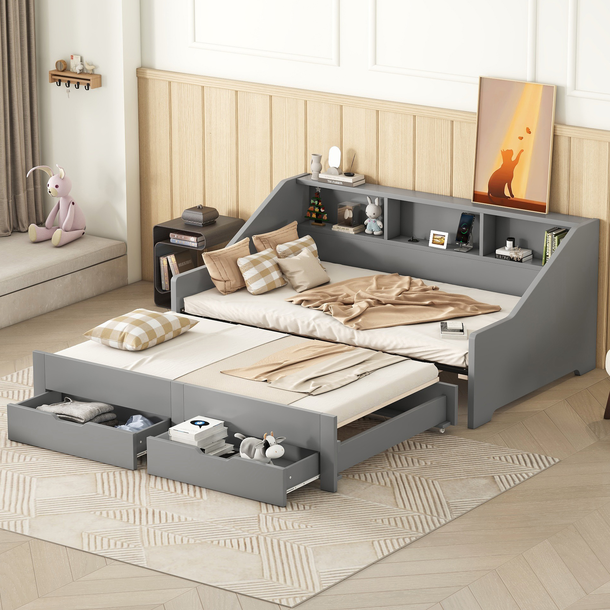 Twin To King Size Daybed Frame With Storage Bookcases And Two Drawers, Charging Design