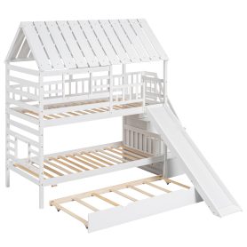Twin over Twin House Bunk Bed with Trundle and Slide, Storage Staircase, Roof and Window Design