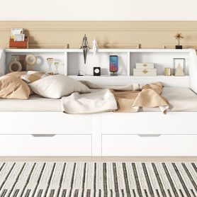 Twin To King Size Daybed Frame With Storage Bookcases And Two Drawers, Charging Design
