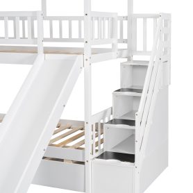 Twin over Twin House Bunk Bed with Trundle and Slide, Storage Staircase, Roof and Window Design