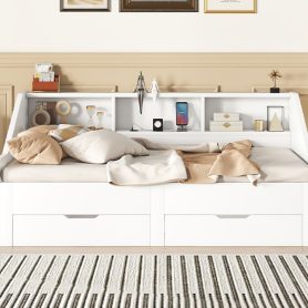 Twin To King Size Daybed Frame With Storage Bookcases And Two Drawers, Charging Design