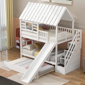 Twin over Twin House Bunk Bed with Trundle and Slide, Storage Staircase, Roof and Window Design