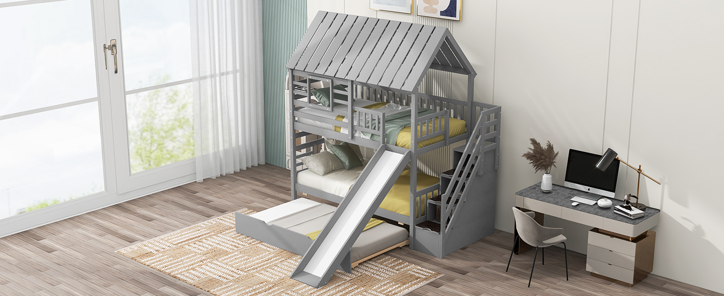 Twin over Twin House Bunk Bed with Trundle and Slide, Storage Staircase, Roof and Window Design