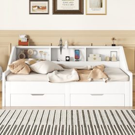Twin To King Size Daybed Frame With Storage Bookcases And Two Drawers, Charging Design