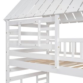 Twin over Twin House Bunk Bed with Trundle and Slide, Storage Staircase, Roof and Window Design