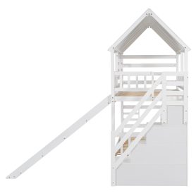 Twin over Twin House Bunk Bed with Trundle and Slide, Storage Staircase, Roof and Window Design