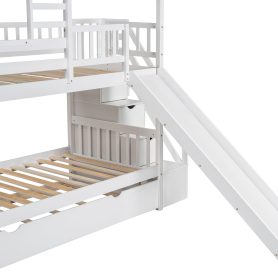 Twin over Twin House Bunk Bed with Trundle and Slide, Storage Staircase, Roof and Window Design