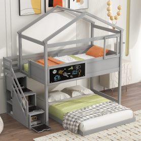 Twin over Full House Bunk Bed with Storage Staircase and Blackboard