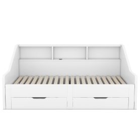 Twin To King Size Daybed Frame With Storage Bookcases And Two Drawers, Charging Design