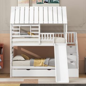 Twin over Twin House Bunk Bed with Trundle and Slide, Storage Staircase, Roof and Window Design