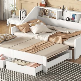 Twin To King Size Daybed Frame With Storage Bookcases And Two Drawers, Charging Design