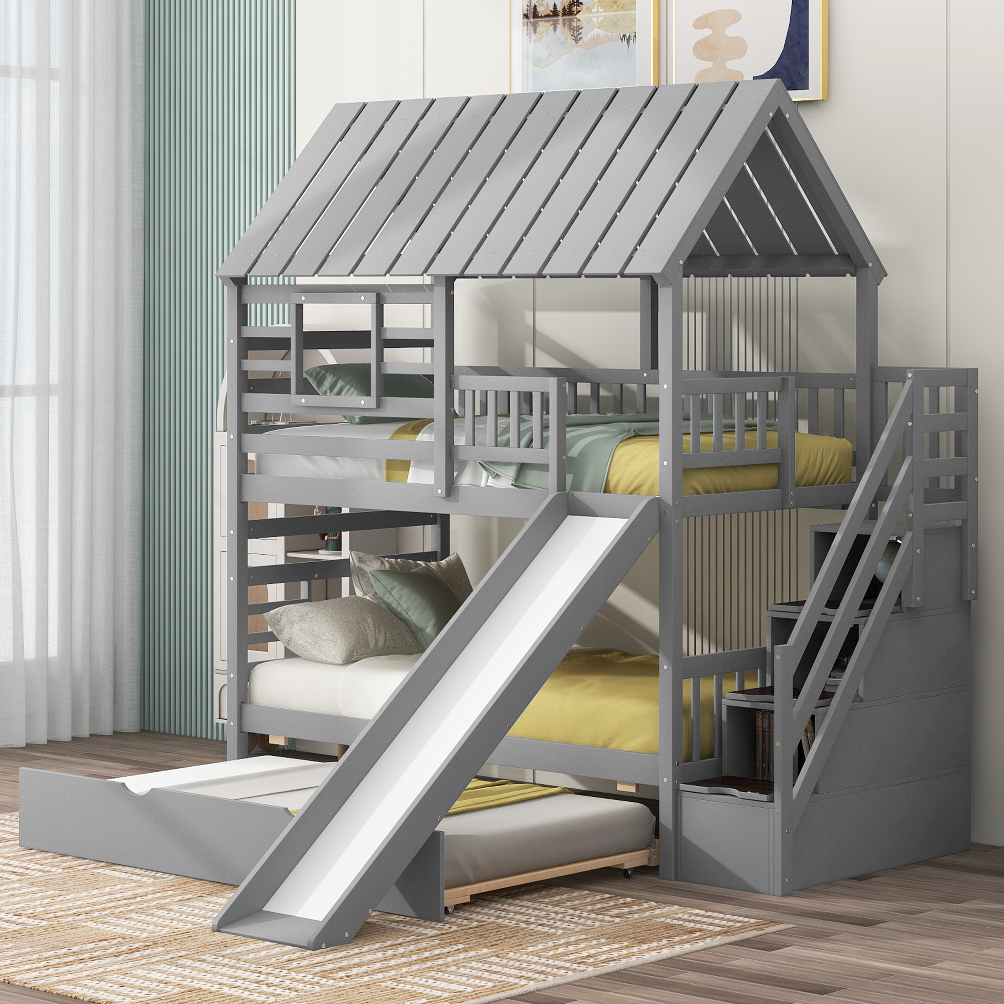 Twin over Twin House Bunk Bed with Trundle and Slide, Storage Staircase, Roof and Window Design
