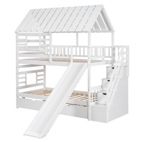 Twin over Twin House Bunk Bed with Trundle and Slide, Storage Staircase, Roof and Window Design